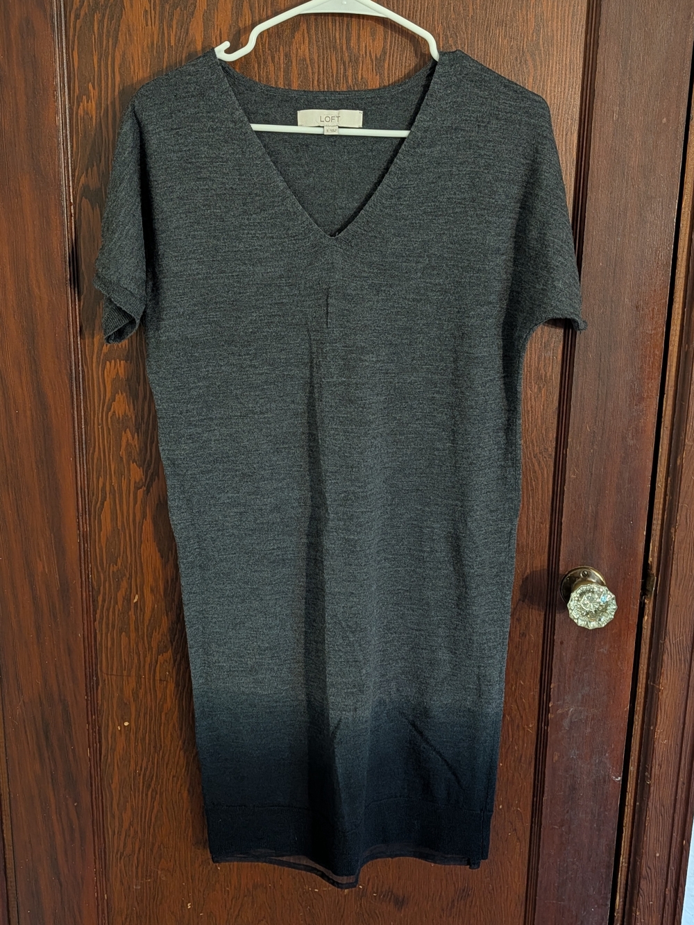 LOFT Charcoal to Black Ombre V-Neck Knit Knee Length Dress Merino Wool